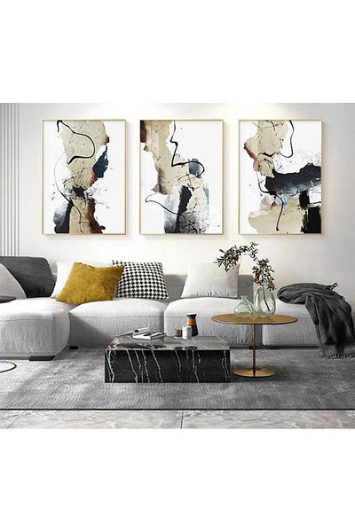 Linacci Triple Gold Metal Frame Abstract Real Glass Painting Set