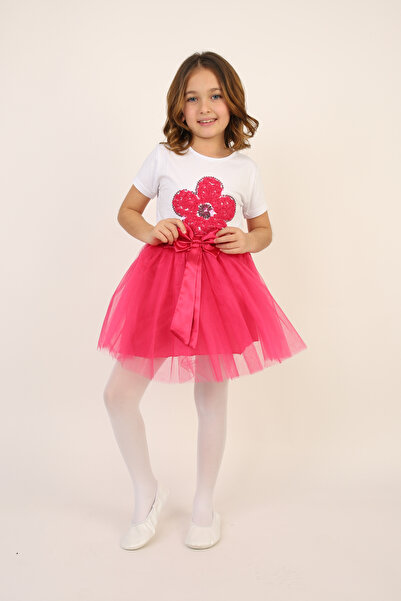 FATELLA Tricou roz cu paiete florale pentru fete, set cu fustă tutu roz