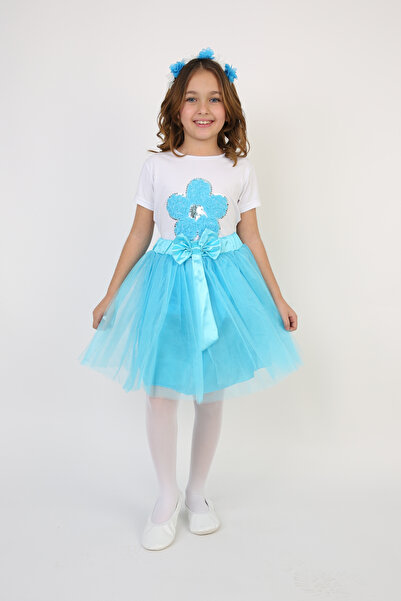 FATELLA Tricou cu flori cu paiete turcoaz pentru fete Set fustă tutu turcoaz ...