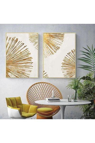 Linacci Set de picturi moderne din sticlă cu linie circulară cu două rame metalice aurii