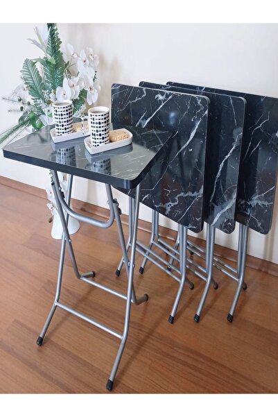 HOMEBELLA Katlanabilir Siyah Mermer Zigon 4'lü Sehpa Takım Paslanmaz Gri Meta...