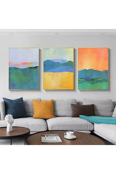 Linacci Triple Gold Metal Frame Abstract Vibrant Colors Glass Painting Set