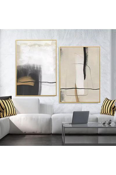 Linacci Set de picturi abstracte din sticlă de modă cu două rame din metal auriu
