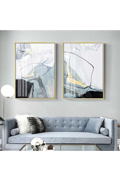Linacci Set de picturi pe sticlă cu model albastru abstract cu cadru dublu din metal auriu
