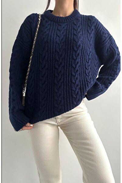 fujya سترة تريكو ذات رقبة دائرية كبيرة الحجم باللون الأزرق الداكن