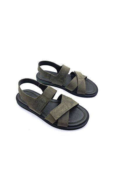 Hammer Jack Lightweight Design Comfort Genuine Leather Khaki Green Men's Velcro Sandals