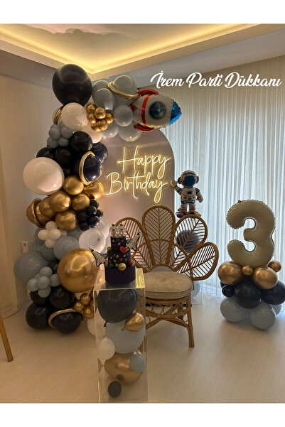 İrem Parti Dükkanı Night Blue and White Storm Blue - Gold Chrome Balloon Set 100Pcs
