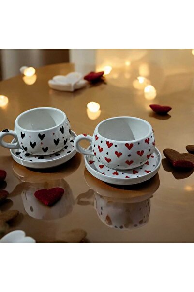 Estilo El Yapımı 2'Lİ Kırmızı ve Siyah Kalpli Set Sevgililer Günü Özel Kupa ,...