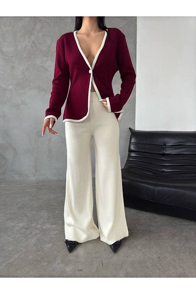 Lusin Women's Burgundy Knitwear Jacket Vest Pants Bottom Top Double Knitwear Set