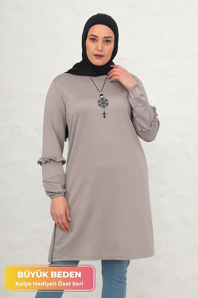 tarzımsüper Plus Size Necklace Gift Hijab Tunic Stretchy Fabric Ruffled Comfort Model Tunic with Slit in Waist