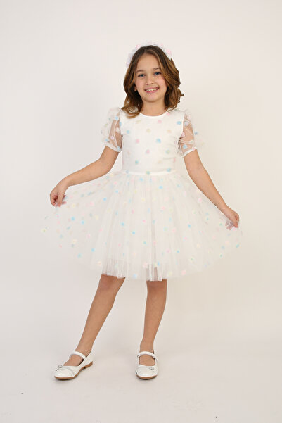 FATELLA Детска рокля с цветен пуантиен мотив, бяла, 23 април - 29 октомври, к...