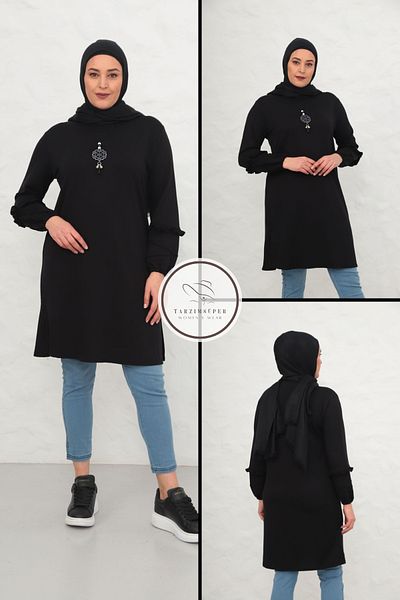 tarzımsüper Plus Size Necklace Gift Hijab Tunic Stretchy Fabric Ruffled Comfort Model Tunic with Slit in Waist