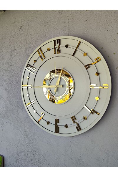 AA Shop Beyaz Renk Gold Sayılı Hediyelik Ahşap Dekoratif Sessiz Desenli Ev Hediyelik Duvar Saati