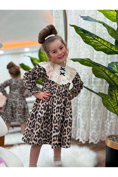 Kidmark Çocuk Modası Girl's Leopard Print Baby Collar Dress