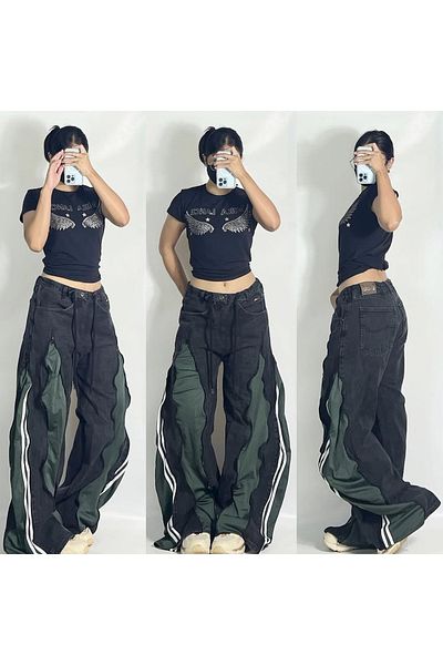 Gofeel Unisex Premium Baggy Jean - Μαύρο-Χακί Παντελόνι Oversize με λεπτομέρεια με φερμουάρ