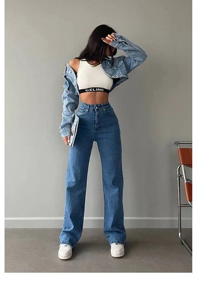Trn JNS Pantaloni Palazzo din denim cu talie super înaltă albastru mediu