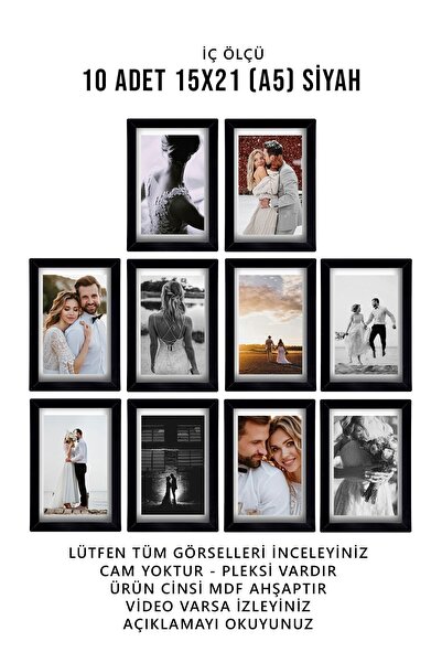 yhfoto 10 Adet 15x21 Çerçeve - Siyah Çerçeve - Mdf A5 Çerçeve - Fotoğraf Çerçeve Seti