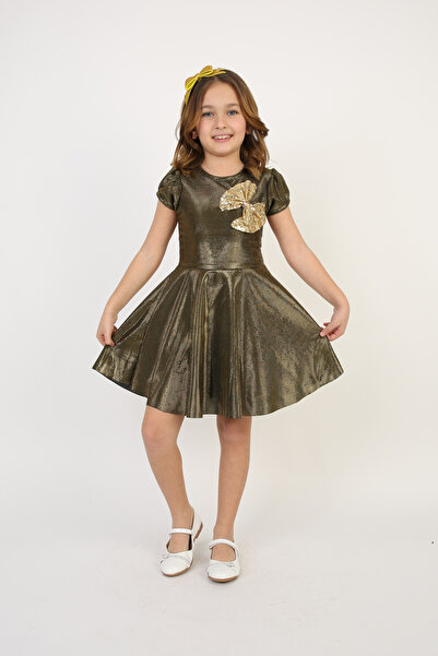FATELLA Kız Çocuk Kurdele Detay Kısa Kol Altın Sarısı Gold Elbise 23 Nisan 29 Ekim Gösteri Kıyafeti