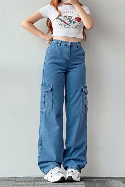 Trn JNS Medium Blue Cargo Loose Back Pocketless Lycra Super High Waist Jean Trousers