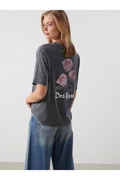 LC Waikiki Tricou oversize pentru damă cu imprimeu cu decolteu rotund LCW Vision