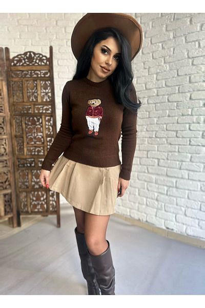 moneta boutique Дамски пуловер с кръгло деколте и щампа на теди