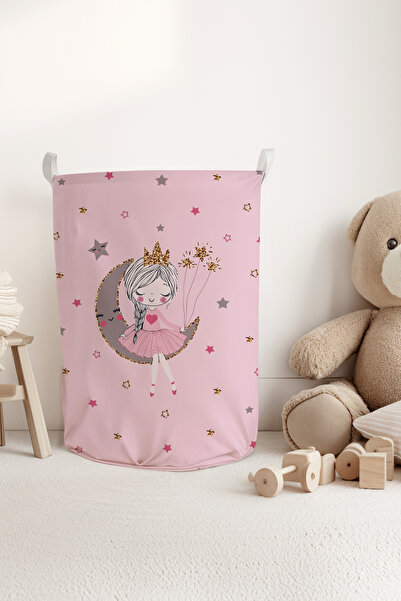 Talia Home فتاة تجلس على القمر، سلة ألعاب للأطفال والرضع باللون الوردي