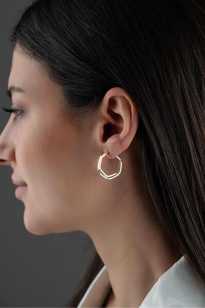 Nereze 925 Ayar Gümüş Çift Renk Köşeli Beşgen Şarnel Küpe