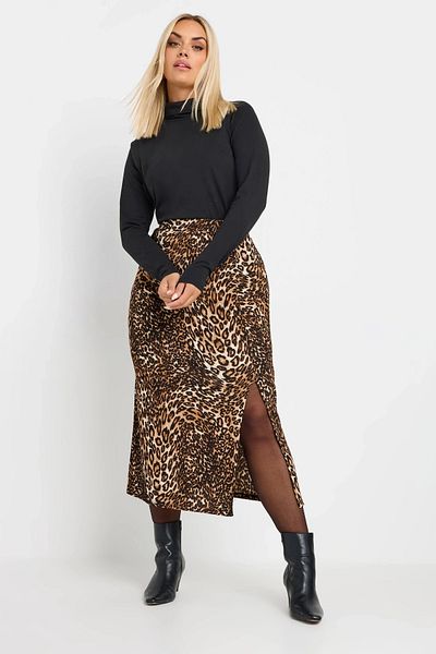 Stil Diva Plus Size Elastic Waist Slit Leopard Print Midi Skirt 303706