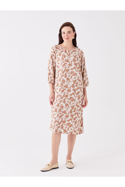 LC Waikiki Brown Crew Neck Patterned A-Line Dress