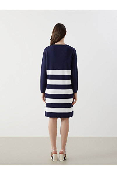 LC Waikiki Navy Blue Crew Neck Color Block Women's Knitwear Dress