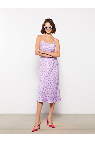 LC Waikiki Rochie de damă din satin cu curea florală cu guler pătrat