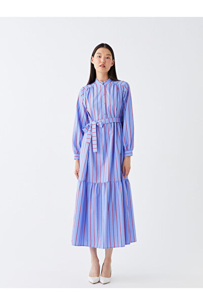 LC Waikiki Gestreiftes, langärmliges, übergroßes Damenkleid mit Richterkragen