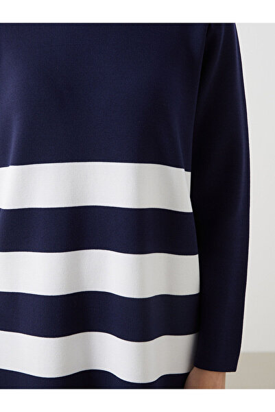 LC Waikiki Navy Blue Crew Neck Color Block Women's Knitwear Dress