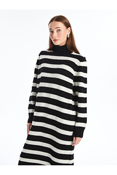 LC Waikiki Black Turtleneck Striped Long Sleeve Oversized Women's Knitwear Dress