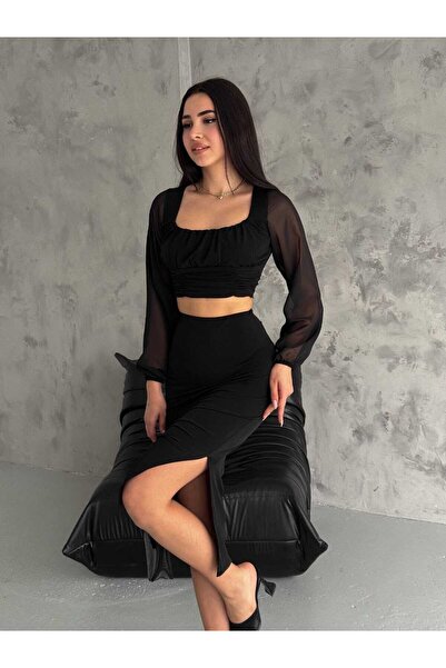 cto your style Women's Sleeves Chiffon Crop and Skirt Sandy Double Set