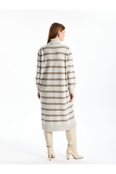LC Waikiki Pruhované oversize pletené dámské šaty s rolákem - dlouhý rukáv