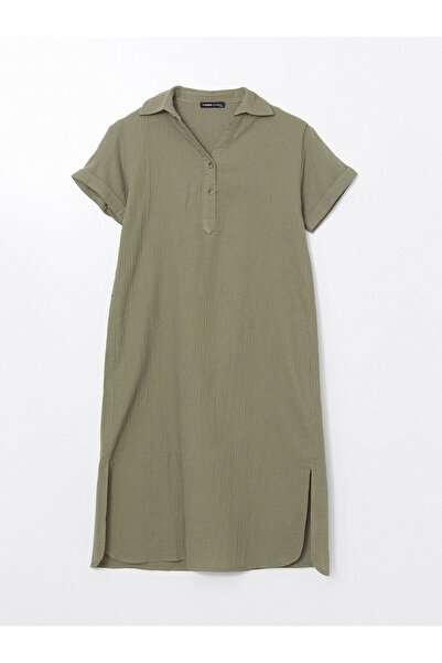 LC Waikiki LCWAIKIKI Classic Yeşil Gömlek Yaka Oversize Müslin Kadın Elbise