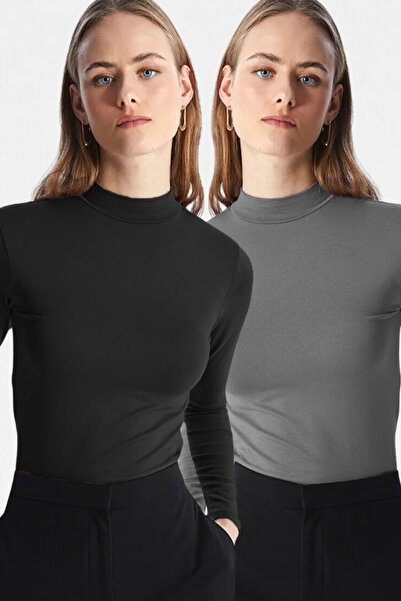 VODENS Дамски черен антрацитен боди от 2 части с яка стойка, ултра мек