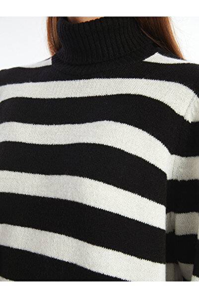 LC Waikiki Black Turtleneck Striped Long Sleeve Oversized Women's Knitwear Dress