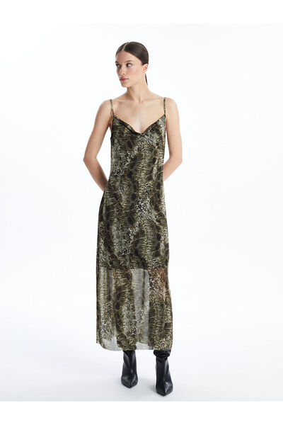 LC Waikiki Γυναικείο φόρεμα LCW Vision καφέ με λαιμόκοψη με λουράκι