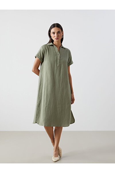LC Waikiki LCWAIKIKI Classic Yeşil Gömlek Yaka Oversize Müslin Kadın Elbise