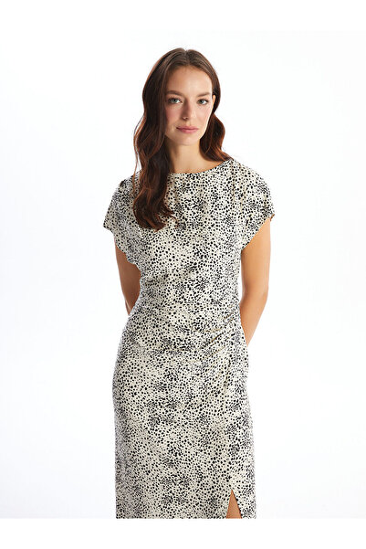 LC Waikiki Ecru Crew Neck Patterned Dress