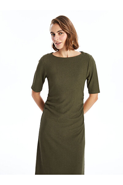 LC Waikiki LCWAIKIKI - Κλασικό Χακί Γυναικείο Φόρεμα, Λαιμόκοψη, Υφή