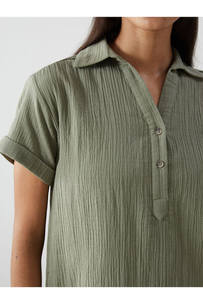 LC Waikiki LCWAIKIKI Classic Yeşil Gömlek Yaka Oversize Müslin Kadın Elbise