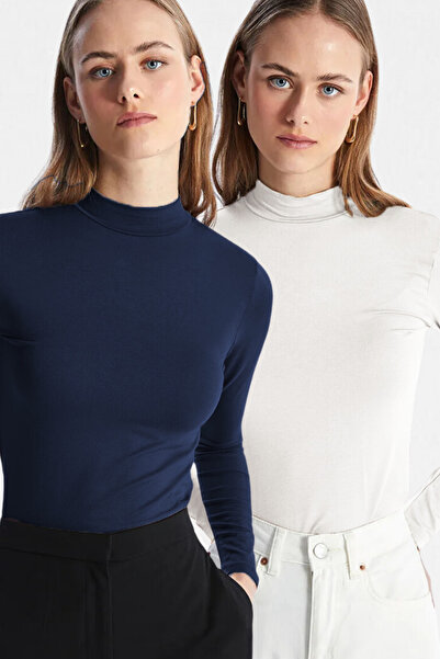 VODENS Women's Navy Blue White 2-Piece Stand Collar Ultra Soft Bodysuit