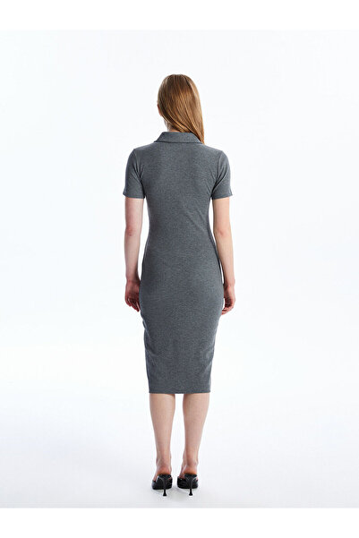 LC Waikiki LCW Vision Gri Melanj Polo Yaka Düz Kısa Kollu Kadın Bodycon Elbise