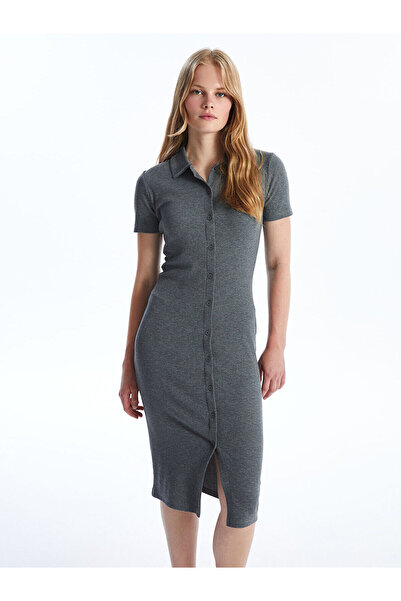 LC Waikiki LCW Vision Gri Melanj Polo Yaka Düz Kısa Kollu Kadın Bodycon Elbise