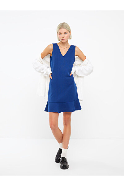 LC Waikiki V-Neck Plain Sleeveless Tweed Women's Dress