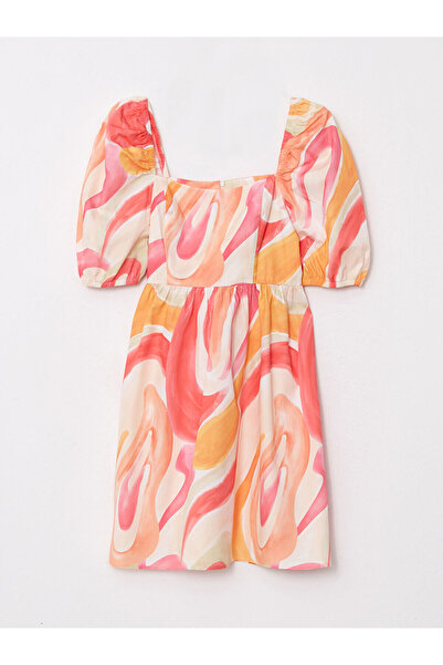 LC Waikiki LCW Vision Pinkes Popeline-Damenkleid mit quadratischem Kragen und Ballonärmeln