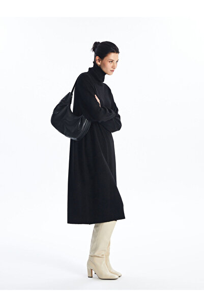 LC Waikiki Gerades, langärmliges, übergroßes Damen-Strickkleid mit Rollkragen